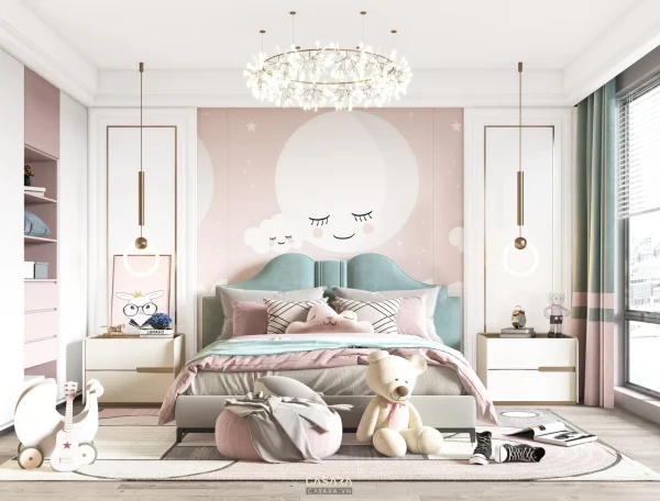 Ảnh phòng ngủ trẻ em màu hồng với bàn học cạnh cửa sổ do Casara tuyển chọn cho thư viện thiết kế nội thất.