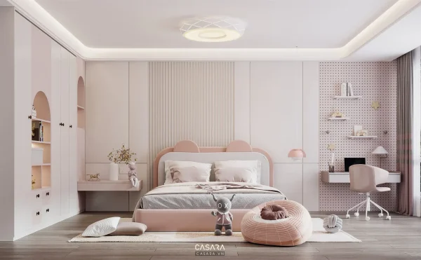 Ảnh phòng ngủ trẻ em màu hồng với giường tầng và thảm tròn do Casara tuyển chọn cho thư viện thiết kế nội thất.