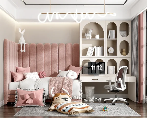 Ảnh phòng ngủ trẻ em tối giản với đầu giường tạo hình mây do Casara tuyển chọn cho thư viện thiết kế nội thất.