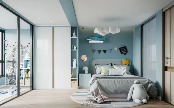 Ảnh phòng ngủ trẻ em tông xanh xám với sofa nhỏ và kệ đèn do Casara tuyển chọn cho thư viện thiết kế nội thất.