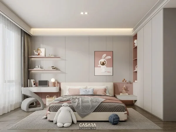 Ảnh phòng ngủ trẻ em xanh pastel với đèn ngôi sao và kệ đồ chơi do Casara tuyển chọn cho thư viện thiết kế nội thất.