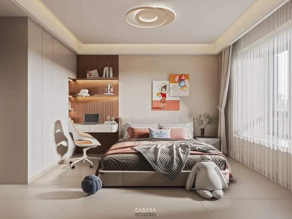 Ảnh phòng trẻ em tông hồng kem với bàn học và ghế nhỏ do Casara tuyển chọn cho thư viện thiết kế nội thất.
