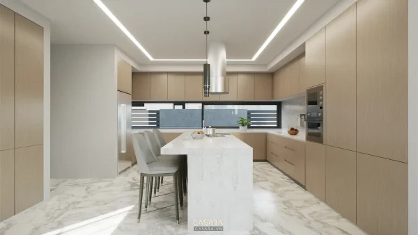 Ảnh góc đảo bếp pantry trắng với ghế gỗ nâu do Casara tuyển chọn cho thư viện thiết kế nội thất.