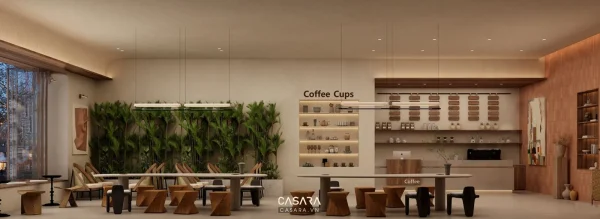 Ảnh góc làm việc kết hợp pantry nhỏ trong văn phòng do Casara tuyển chọn cho thư viện thiết kế nội thất.