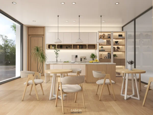 Ảnh góc pantry có ghế băng xanh và cửa sổ lớn do Casara tuyển chọn cho thư viện thiết kế nội thất.