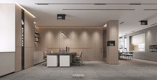 Ảnh khu cafe pantry với bàn ghế xanh và đèn thả đồng do Casara tuyển chọn cho thư viện thiết kế nội thất.