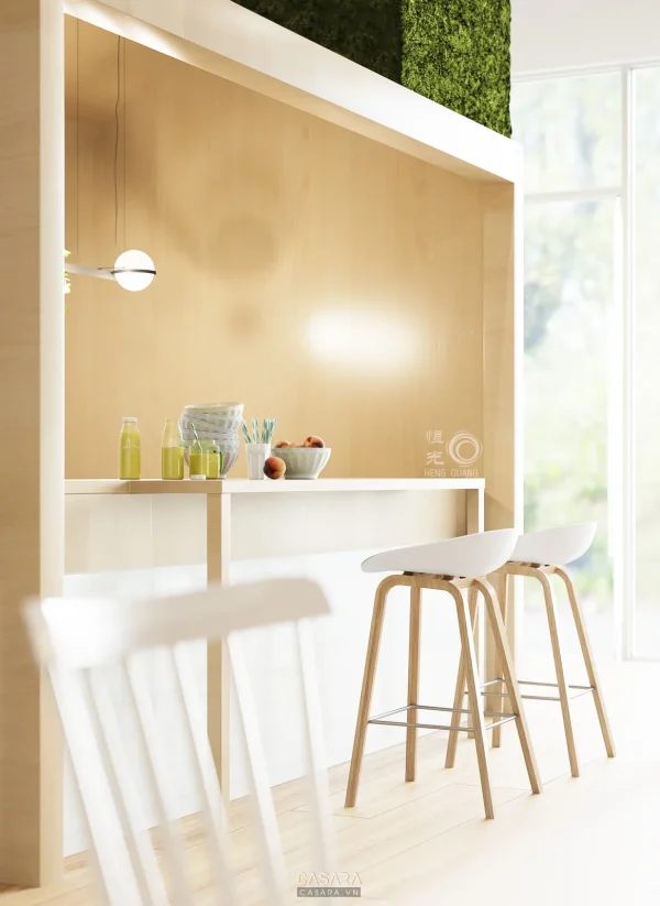Ảnh khu pantry mở có bàn ăn màu cam và trần kỹ thuật do Casara tuyển chọn cho thư viện thiết kế nội thất.