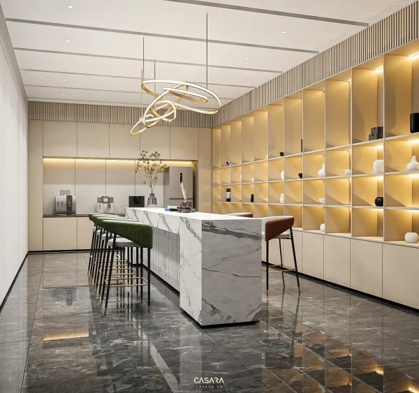 Ảnh pantry công ty với quầy bar dài và sàn gạch họa tiết do Casara tuyển chọn cho thư viện thiết kế nội thất.