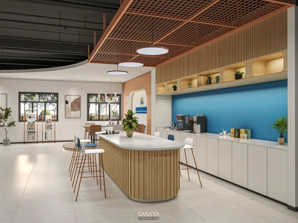 Ảnh pantry văn phòng dạng bếp chữ L tông gỗ sáng và đá trắng do Casara tuyển chọn cho thư viện thiết kế nội thất.