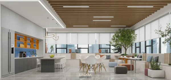Ảnh pantry văn phòng rộng với quầy bar đá và ghế cao do Casara tuyển chọn cho thư viện thiết kế nội thất.