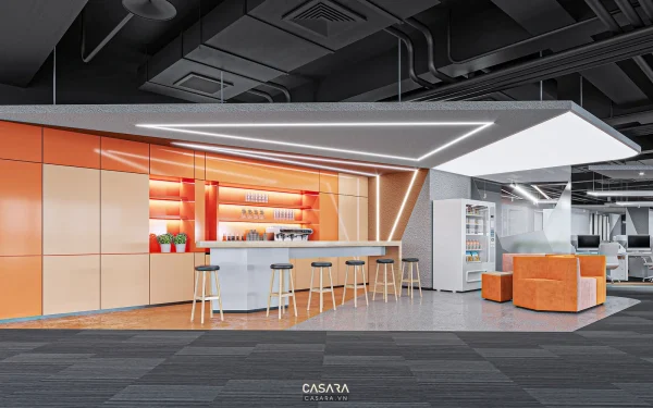 Ảnh quầy cafe pantry xanh với kệ treo cây và ghế mây do Casara tuyển chọn cho thư viện thiết kế nội thất.