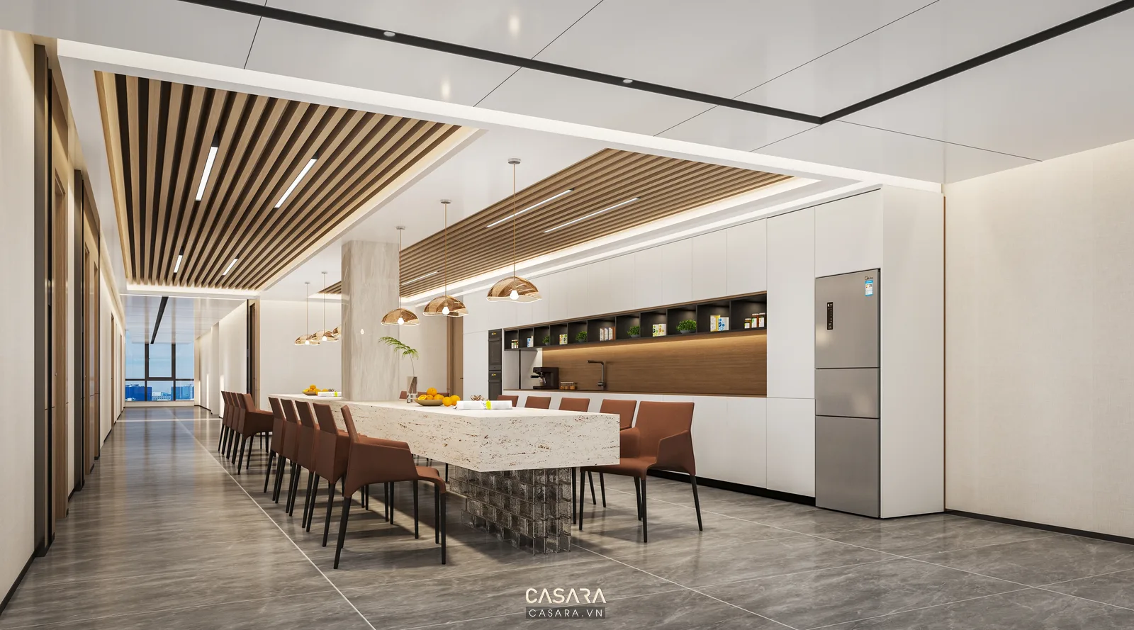 Ảnh văn phòng mở kết hợp pantry và cụm bàn làm việc do Casara tuyển chọn cho thư viện thiết kế nội thất.