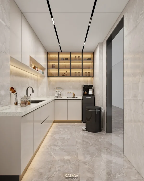 Ảnh văn phòng tại nhà có kệ sách và bàn làm việc đôi do Casara tuyển chọn cho thư viện thiết kế nội thất.