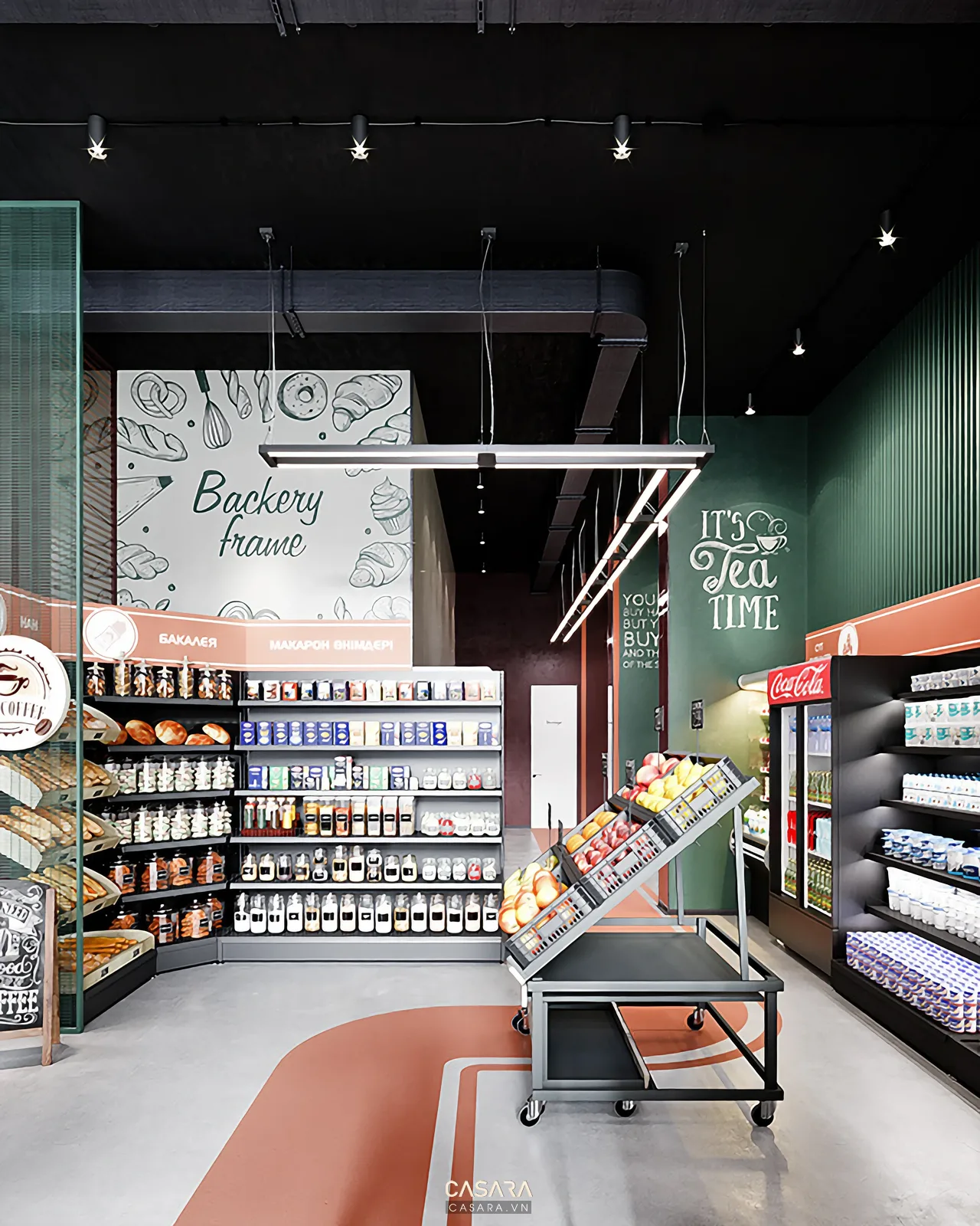 Hình ảnh showroom bán lẻ có quầy đá trắng, kệ gỗ phía sau và điểm đón tiếp chuyên nghiệp.
