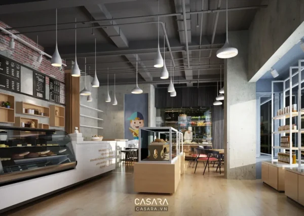 Không gian showroom có quầy trưng bày, kệ sản phẩm và khu bàn ghế nhỏ