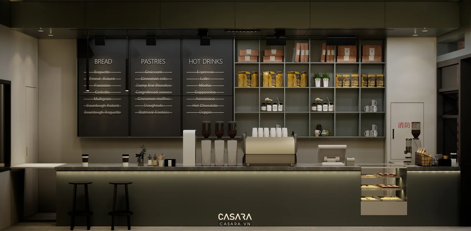 Quầy order trong quán cafe nhỏ với máy pha cafe menu treo tường và khách xếp hàng