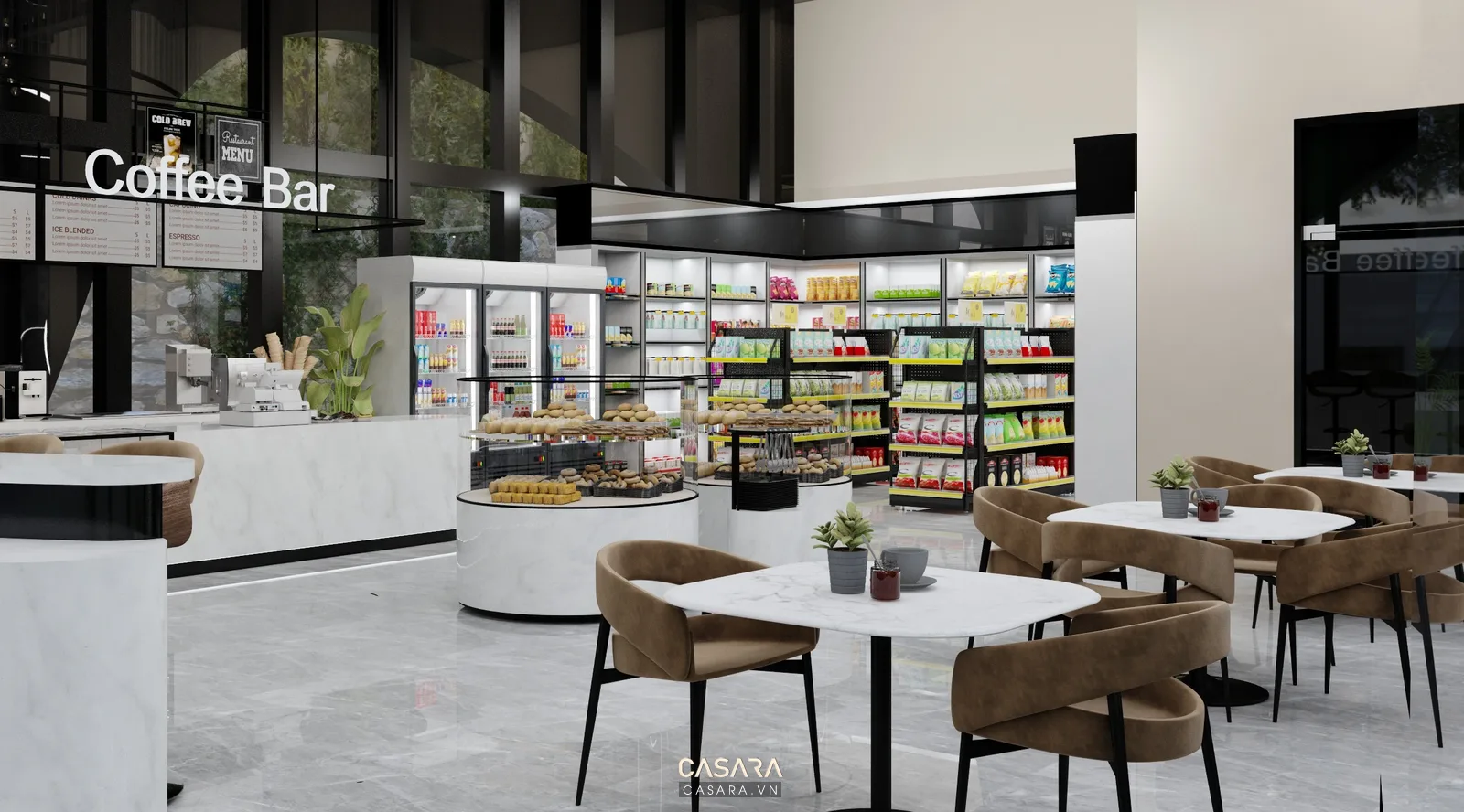 Thiết kế coffee 40m2 với bàn ghế nhỏ gọn và ghế băng sát tường