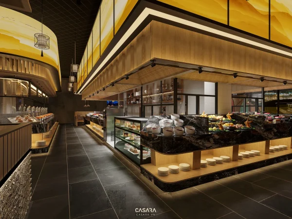 Không gian buffet nhà hàng với quầy trưng bày, tủ kính và hệ đèn trần ấm