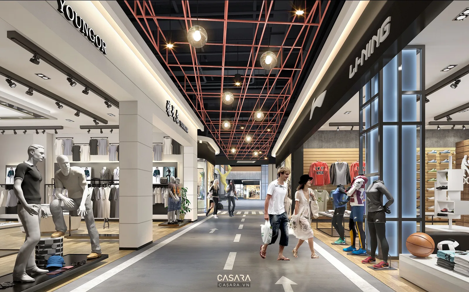 Mặt tiền cửa hàng quần áo với mannequin, cửa kính và ánh sáng trưng bày thời trang