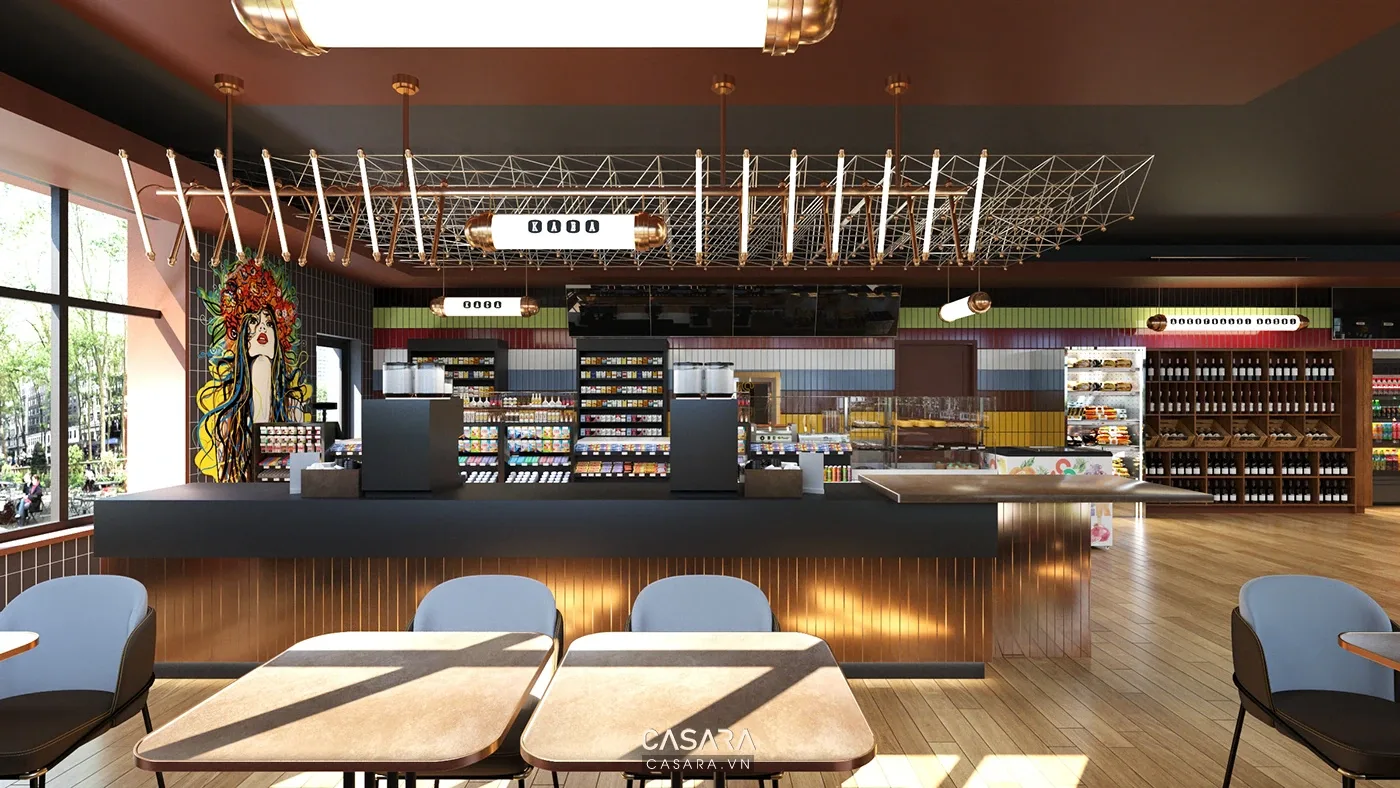 khu quầy nhà hàng với quầy thu ngân quầy bar tủ lưu trữ đèn ấm nhân viên phục vụ vật liệu đá và gỗ