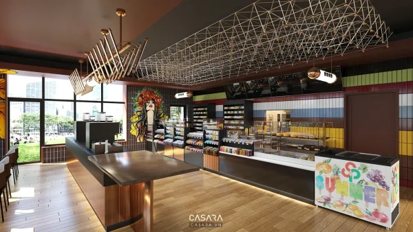 Không gian showroom đồ uống với quầy phục vụ, kệ trưng bày và hệ đèn trang trí trên trần