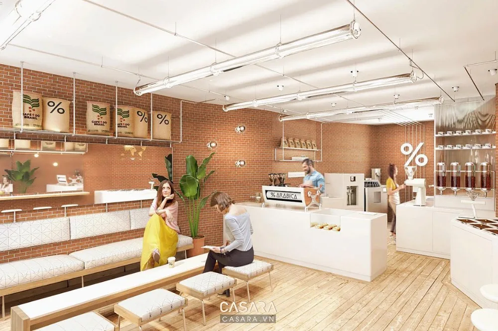 Thiết kế quán cà phê hiện đại với quầy bar gỗ và bàn ghế cafe