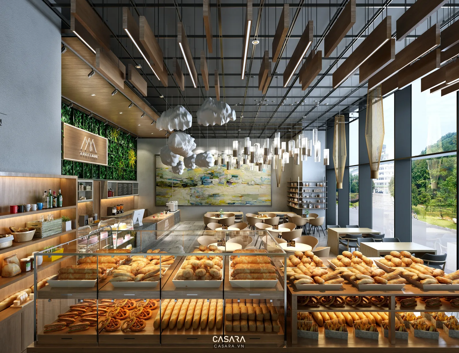 Quán cafe buổi tối với đèn thả ánh sáng ấm và quầy pha chế