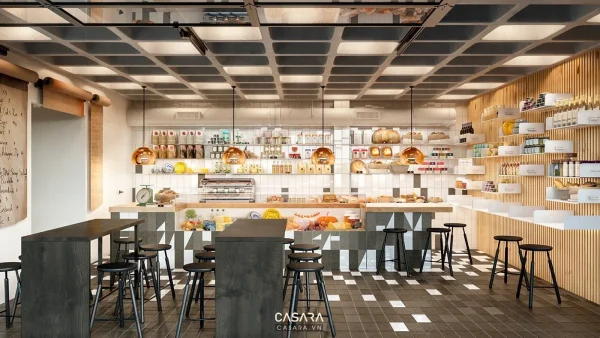 Showroom cafe với quầy trưng bày, kệ sản phẩm và khu ghế ngồi