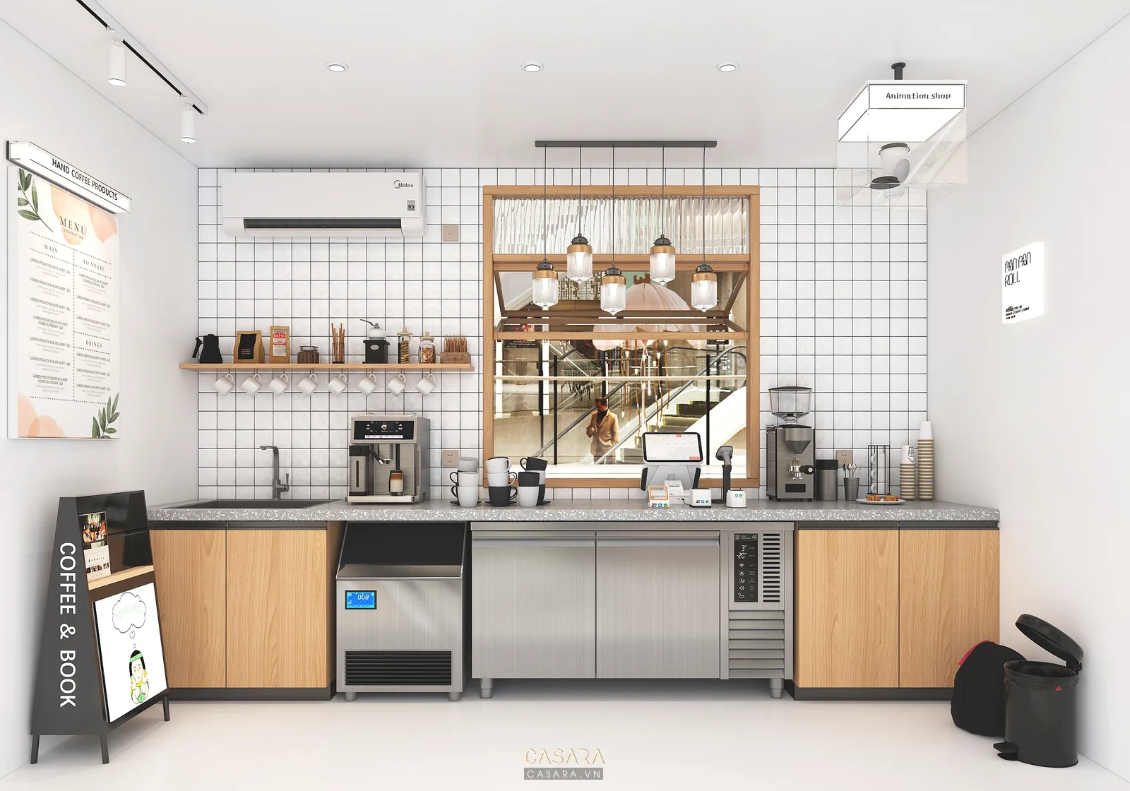 Quầy bar quán cafe có máy pha cà phê tủ bánh và mặt quầy vật liệu bền