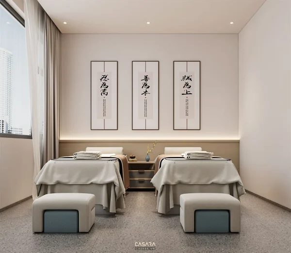 Ảnh khu chăm sóc da spa trắng sáng với nhiều ghế trị liệu do Casara tuyển chọn cho thư viện thiết kế nội thất.