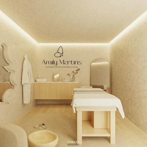 Ảnh khu làm đẹp spa màu hồng với ghế chờ và rèm mềm do Casara tuyển chọn cho thư viện thiết kế nội thất.