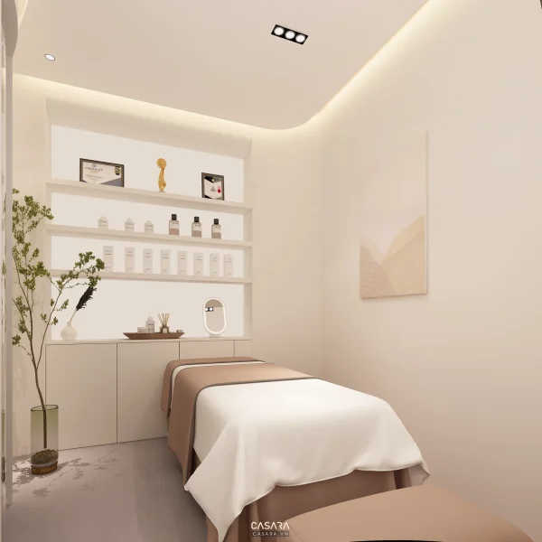 Ảnh phòng massage spa tông nâu ấm với giường trị liệu do Casara tuyển chọn cho thư viện thiết kế nội thất.