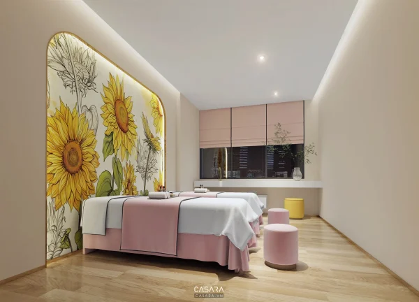 Ảnh phòng spa trắng xanh với bàn trị liệu và kệ mỹ phẩm do Casara tuyển chọn cho thư viện thiết kế nội thất.
