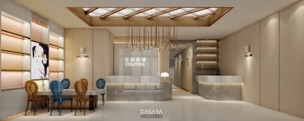 Ảnh phòng trị liệu đôi tông be với cây xanh trang trí do Casara tuyển chọn cho thư viện thiết kế nội thất.
