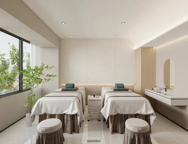 Ảnh phòng trị liệu spa tối giản với giường đôi và vách led do Casara tuyển chọn cho thư viện thiết kế nội thất.