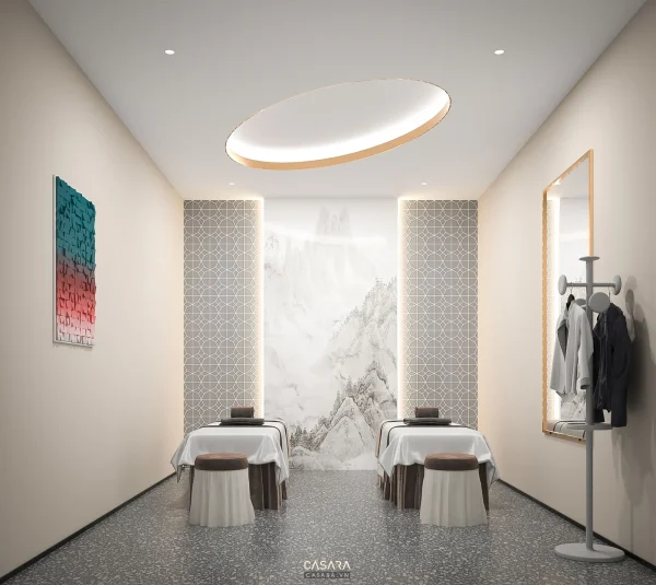 Ảnh quầy lễ tân spa trắng bo cong với logo và sofa chờ do Casara tuyển chọn cho thư viện thiết kế nội thất.