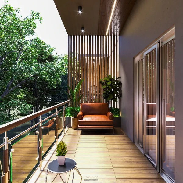 Ảnh ban công nghỉ dưỡng lát gỗ nhìn ra cảnh quan núi và hồ do Casara tuyển chọn cho thư viện thiết kế nội thất.