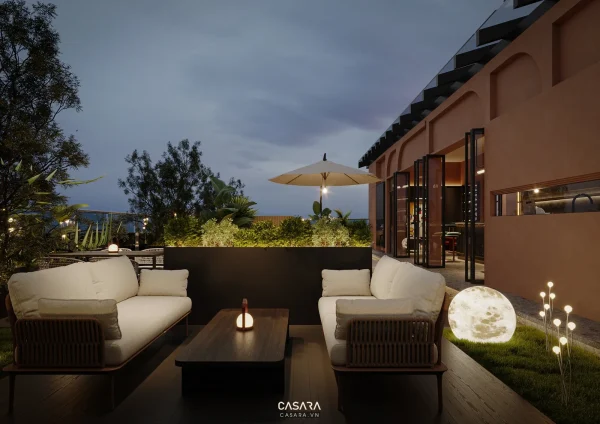 Ảnh sân thượng tối giản với ghế dài, ô trắng và bồn cây do Casara tuyển chọn cho thư viện thiết kế nội thất.