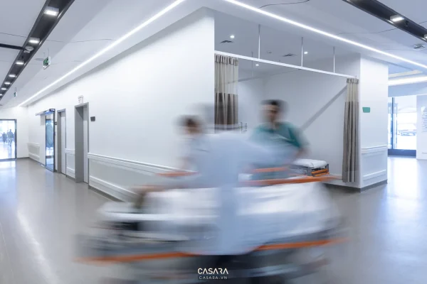 Ảnh hành lang bệnh viện sáng màu với vách kính cao do Casara tuyển chọn cho thư viện thiết kế nội thất.