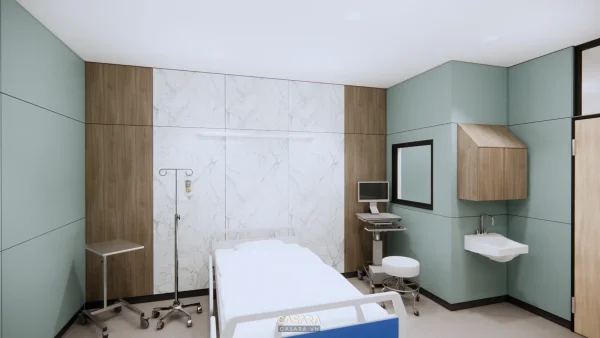 Ảnh sảnh bệnh viện tối giản tông trắng đen và trần cao do Casara tuyển chọn cho thư viện thiết kế nội thất.