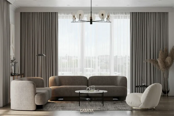 Ảnh bộ sofa da nâu cam với console thấp và tường sáng do Casara tuyển chọn cho thư viện thiết kế nội thất.