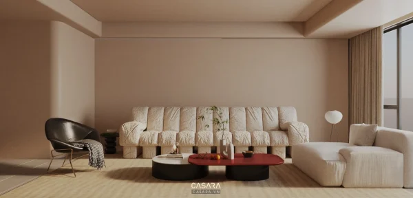 Ảnh sofa bọc nệm sáng trong phòng khách tường phào chỉ tối do Casara tuyển chọn cho thư viện thiết kế nội thất.