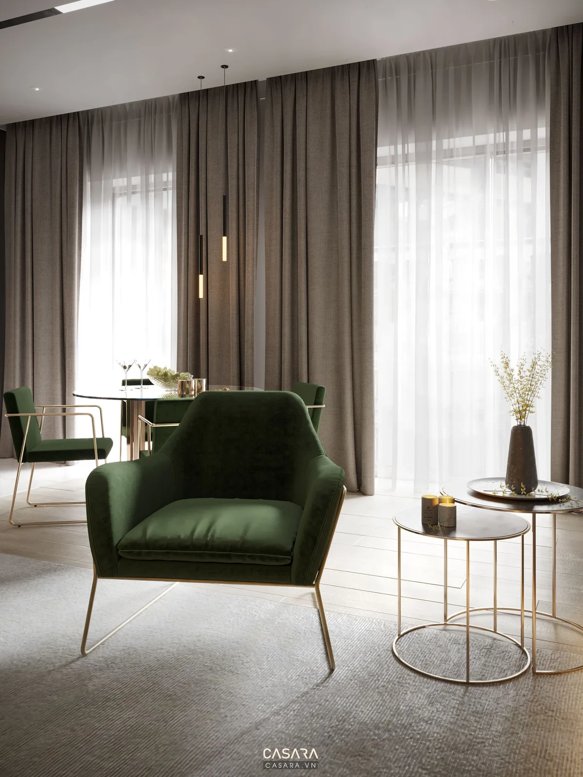 Sofa góc màu kem cạnh cây xanh và ánh sáng tự nhiên