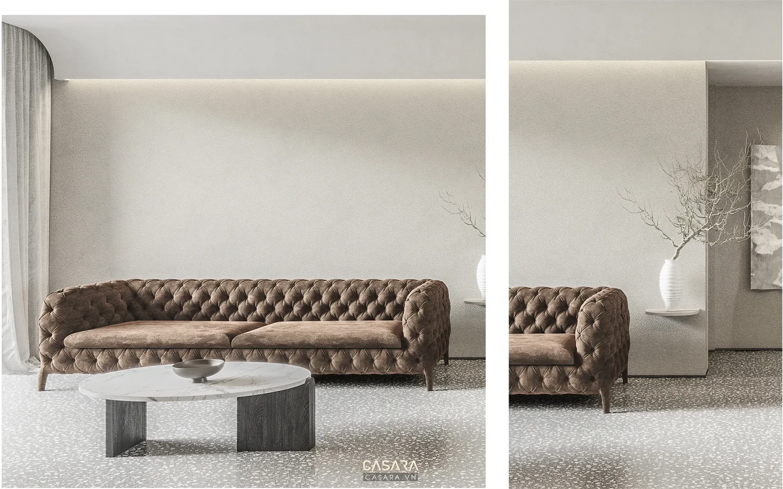 Sofa module màu trắng trong phòng khách tông xám hiện đại