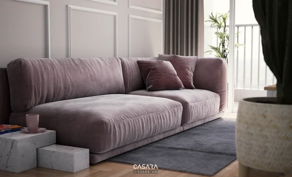 Sofa trắng chữ L với bàn trà đen và đèn đọc sách