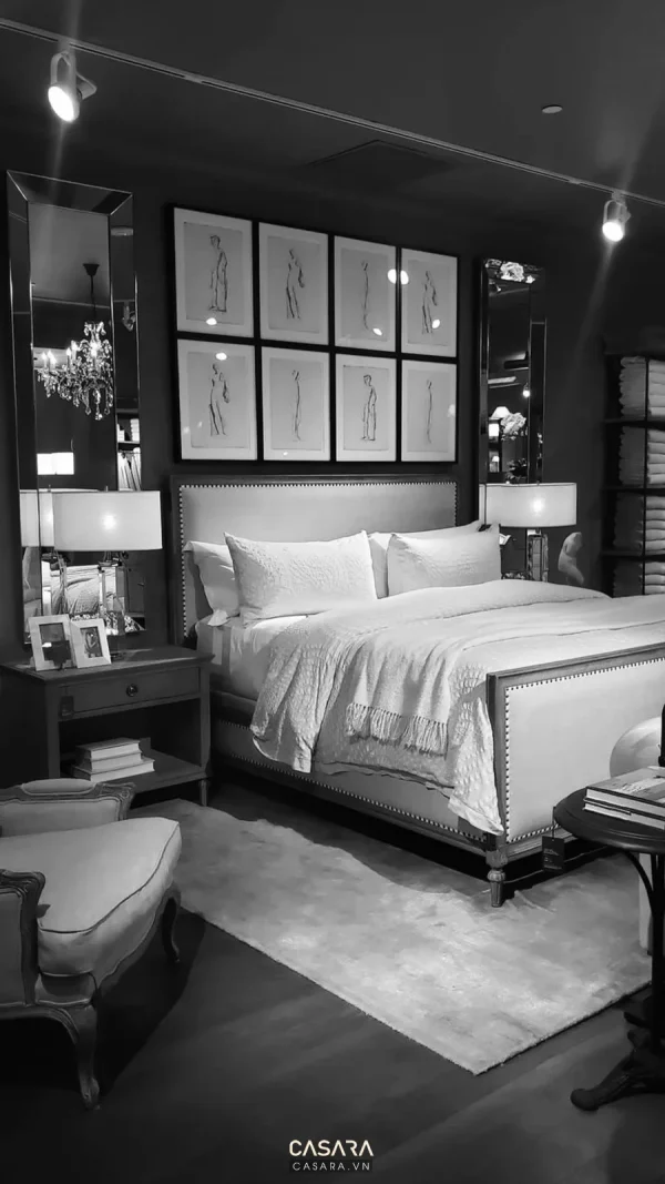 Ảnh giường ngủ đen trắng trong phòng ngủ phong cách hiện đại do Casara tuyển chọn cho thư viện thiết kế nội thất.