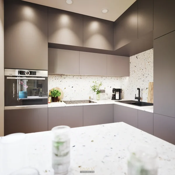 Ảnh tủ bếp chữ I kết hợp đảo bếp trắng đen và ghế gỗ do Casara tuyển chọn cho thư viện thiết kế nội thất.