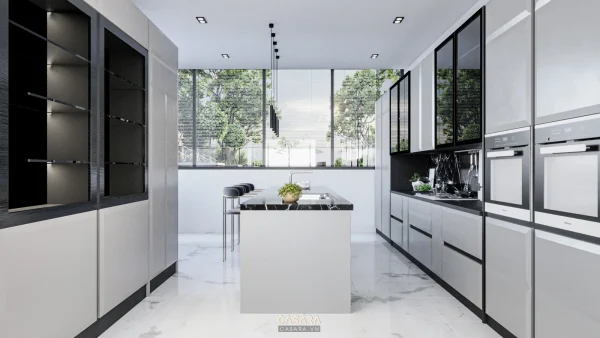 Ảnh tủ bếp chữ I trắng xám cạnh vách kính do Casara tuyển chọn cho thư viện thiết kế nội thất.