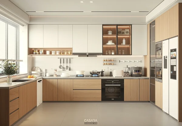 Ảnh tủ bếp chữ L đen trắng với đá ốp vân mây do Casara tuyển chọn cho thư viện thiết kế nội thất.