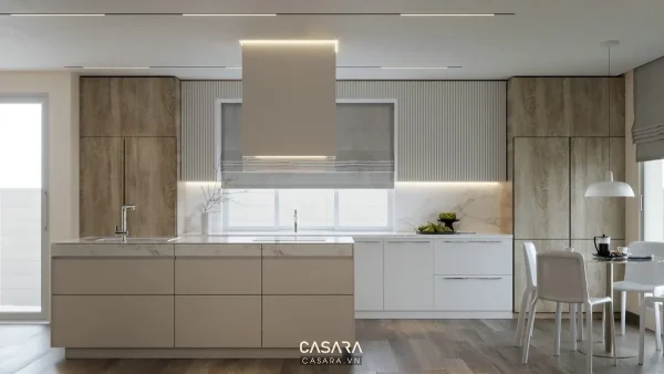 Ảnh tủ bếp chữ U màu xám với cửa kính đen hai bên do Casara tuyển chọn cho thư viện thiết kế nội thất.